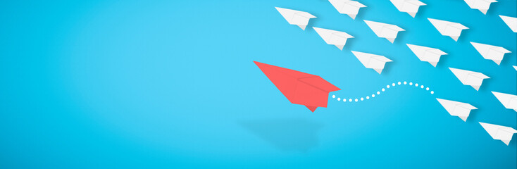 3d rendering, red paper airplane is leaving the herd