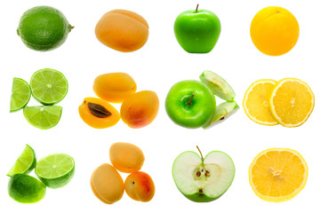 Ripe fruits on a white background, lime, apricot, apple, orange, lemon, isolated