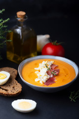 Salmorejo cordobes typical spanish tomato soup similar to the gazpacho, topped with jamon serrano...