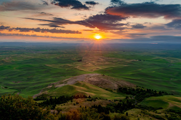 Beautiful and Dramatic Palouse, Washington, Summer Sunrise.The rolling hills of the Palouse area of eastern Washington as seen from the famous Steptoe Butte State Park-a photographic paradise.