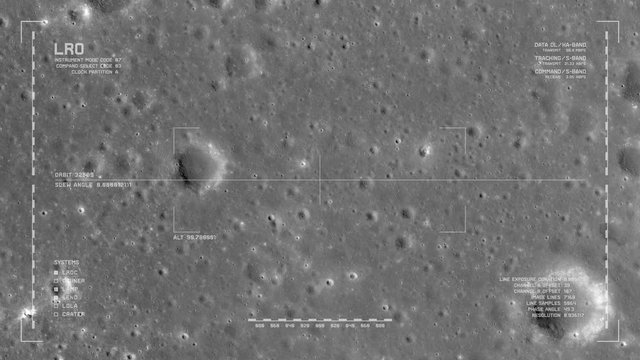 LRO imaging flyover: cratered terrain, Mare Insularum. LAT 18.63, LONG 331.8   . Clip loops and is reversible. Scientifically accurate HUD. Elements of this image furnished by NASA