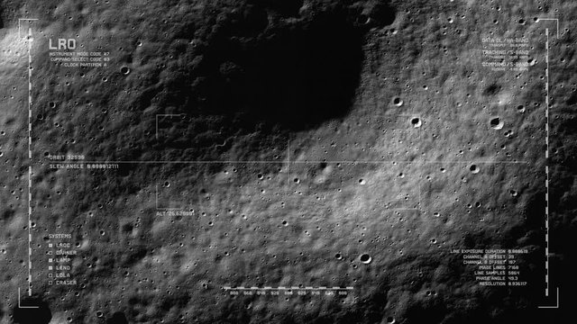 LRO imaging flyover: South polar terrain, near Casatus. LAT -75.45 LONG -18.08. Clip loops and is reversible. Scientifically accurate HUD. Elements of this image furnished by NASA