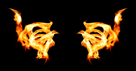Fototapeta premium Burning fire wings on isolated black background
