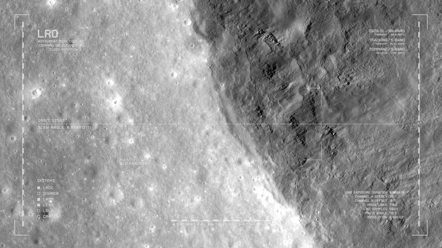 LRO imaging flyover: edge of crater northwest of Montes Riphaeus. LAT -3.1 LONG -30.52. Clip loops and is reversible. Scientifically accurate HUD. Elements of this image furnished by NASA