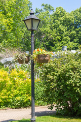 Lamppost with Hanging Planters in a Garden