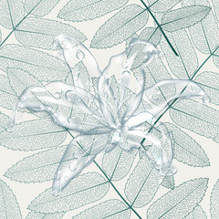 Seamless pattern with leaves and flower of lilies with drops of water. Vector illustration.