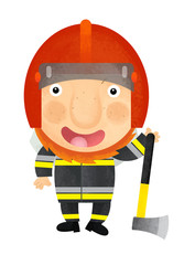 Cartoon happy and funny fireman walking with extinguisher - isolated - illustration for children