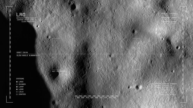 LRO imaging flyover: floor, Milankovic crater, north polar highlands, moon's far side. LAT 77.27 LONG 165.47. Looping, reversible. Scientifically accurate HUD. Elements of this image furnished by NASA