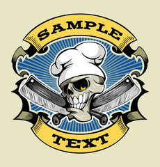 Grinning skull in a chef's hat with crossing cleaver knives, vintage style vector logo concept.