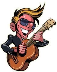Cartoon style smiling guitarist, musician with acoustic guitar in the sunglasses, isolated on white background.