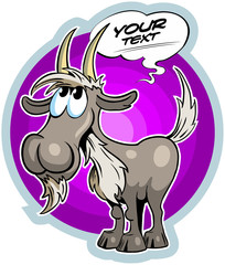 Cartoon style goat with the comics text box.
