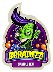 Cartoon style green zombie head with the comics text box and bubbles on background, vintage style vector logo.