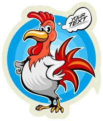 Cartoon style white rooster with the comics text box.