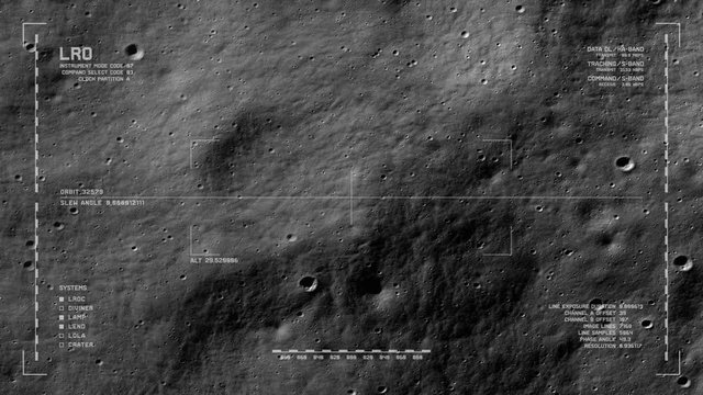 LRO imaging flyover: south floor of Moretus Crater, south polar highlands. LAT -72.5 LONG 351.96. Clip loops and is reversible. Scientifically accurate HUD. Elements of this image furnished by NASA