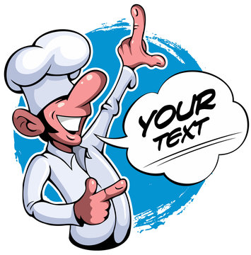 Cartoon style smiling cook with comics text box, vector cartoon character.