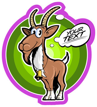 Cartoon style goat with the comics text box.