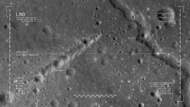 LRO imaging flyover: SE edge, Montes Carpatus range, Mare Insularum. LAT 13.28 LONG 328.84. Clip loops and is reversible. Scientifically accurate HUD. Elements of this image furnished by NASA