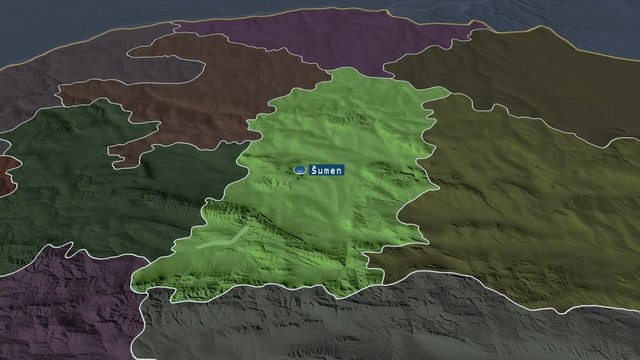 Shumen - province of Bulgaria with its capital zoomed on the administrative map of the globe. Animation 3D