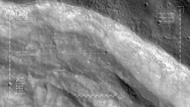 LRO imaging flyover: Harpalus Crater, Sinus Roris. LAT  53.02 LONG 316.27. Clip loops and is reversible. Scientifically accurate HUD. Elements of this image furnished by NASA