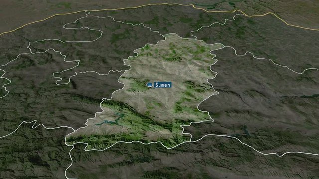 Shumen - province of Bulgaria with its capital zoomed on the satellite map of the globe. Animation 3D