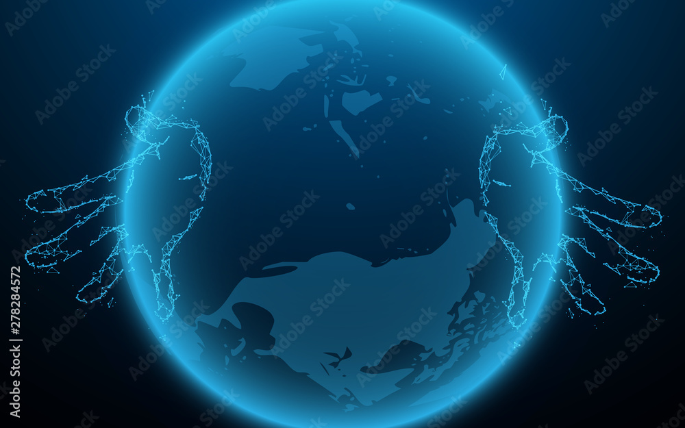 Poster Hands touching global network and data connection concept