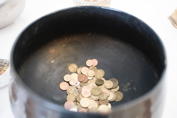 Thai coins in monk alms bowl