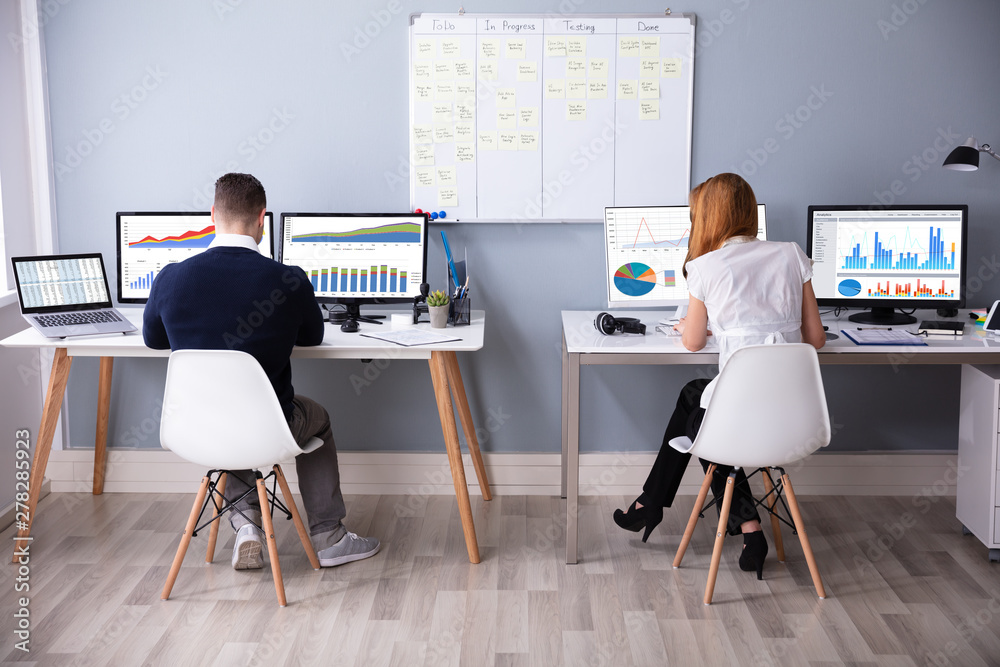 Poster businessman and businesswoman analyzing bar graph using computer