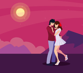 romantic couple hugging sun landscape