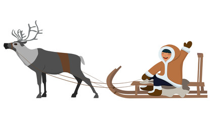 Eskimo on deer sledding. Isolated image on white background. Vector graphics.