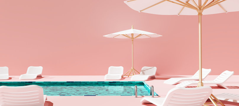 Swimming pool with beach umbrella and chairs. Pink summer vacation concept. 3d rendering