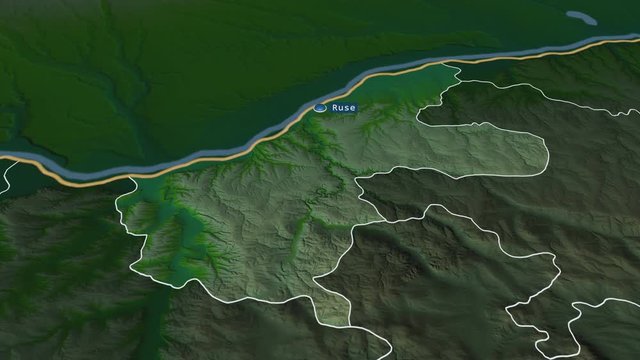 Ruse - province of Bulgaria with its capital zoomed on the physical map of the globe. Animation 3D