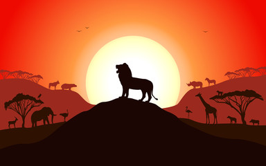 Fototapeta na wymiar Roaring silhouette of a lion standing on a hill
