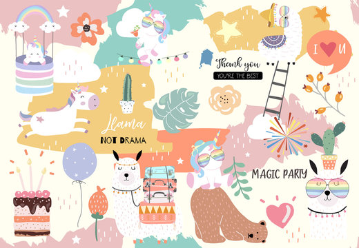 Colorful hand drawn cute card with llama, rainbow,unicorn,bear,teddy,cake.No drama llama