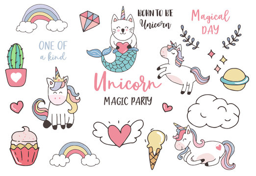 pastel unicorn set with unicorn,ice cream,cactus,caticorn,wreath illustration for sticker,postcad,birthday invitation