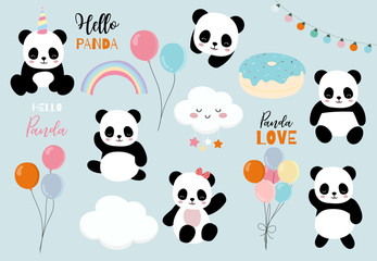 Fototapety  Pastelowy zestaw panda z pandacornem, tęczą, balonem, ilustracją serca na naklejkę, pocztówkę, zaproszenie urodzinowe
