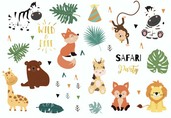 Safari object set with fox,giraffe,zebra,bear,monkey,leaves. illustration for sticker,postcard,birthday invitation.Editable element