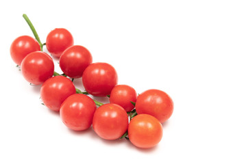A branch of red cherry tomatoes on a white background. Small and juicy vegetable is rich in vitamins and trace elements. Healthy food. Fresh and organic vegetables. Raw food