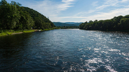 Valley Of The Mountain River Anyuy. Khabarovsk territory in the far East of Russia. The view of Anyui river is beautiful. Anyu national Park. Landscape mountain river in the Russian taiga.