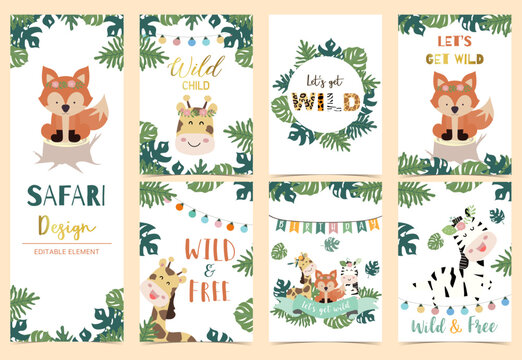 Collection of safari background set with head giraffe,fox,zebra,jungle.Editable vector illustration for birthday invitation,postcard and sticker.Wording include wild and free