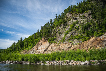 Valley Of The Mountain River Anyuy. Khabarovsk territory in the far East of Russia. The view of Anyui river is beautiful. Anyu national Park. Landscape mountain river in the Russian taiga.