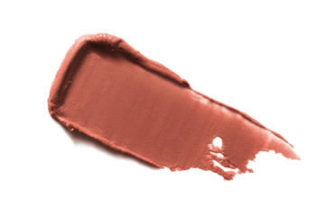 Lipstick stroke, smear, smudge. Nude tone makeup, cosmetic product swatch, sample  isolated on white background