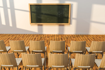 A classroom with chairs inside and a blackboard in the front of the room, 3d rendering.