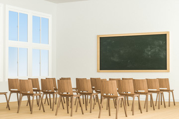 A classroom with chairs inside and a blackboard in the front of the room, 3d rendering.