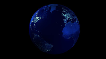 The night half of the Earth from space showing North and South America, Europe and Africa.