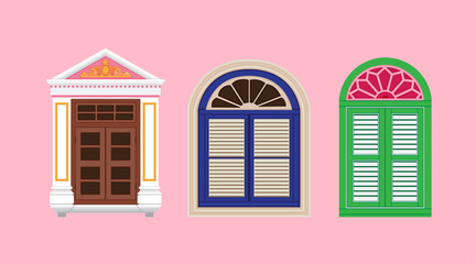 A classic doors and windows set. Chinese home styles, vector illustration, Sino-Portuguese style