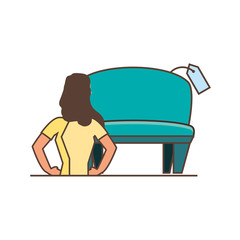 beautiful young woman with sofa and price tag