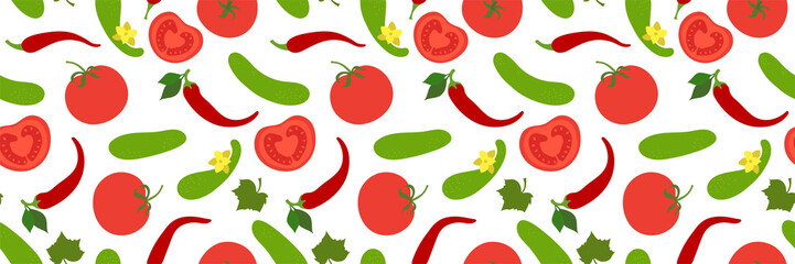 Vegetables seamless pattern. Cucumber, tomato and pepper. Paprika. Hand drawn doodle vector sketch. Healthy food collection. Vegetarian product. Vegan menu