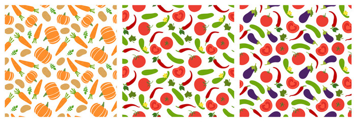 Fototapeta premium Vegetables seamless pattern set. Tomato, cucumber, pepper, eggplant, pumpkin, carrot, potato. Food print for clothes, linens or curtain. Hand drawn vector sketch background collection