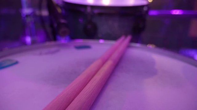 Drums. Modern drum set on stage prepared for playing. Drum back view before the concert.