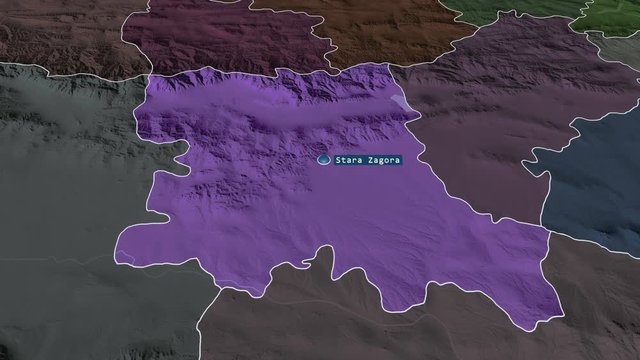Stara Zagora - province of Bulgaria with its capital zoomed on the administrative map of the globe. Animation 3D